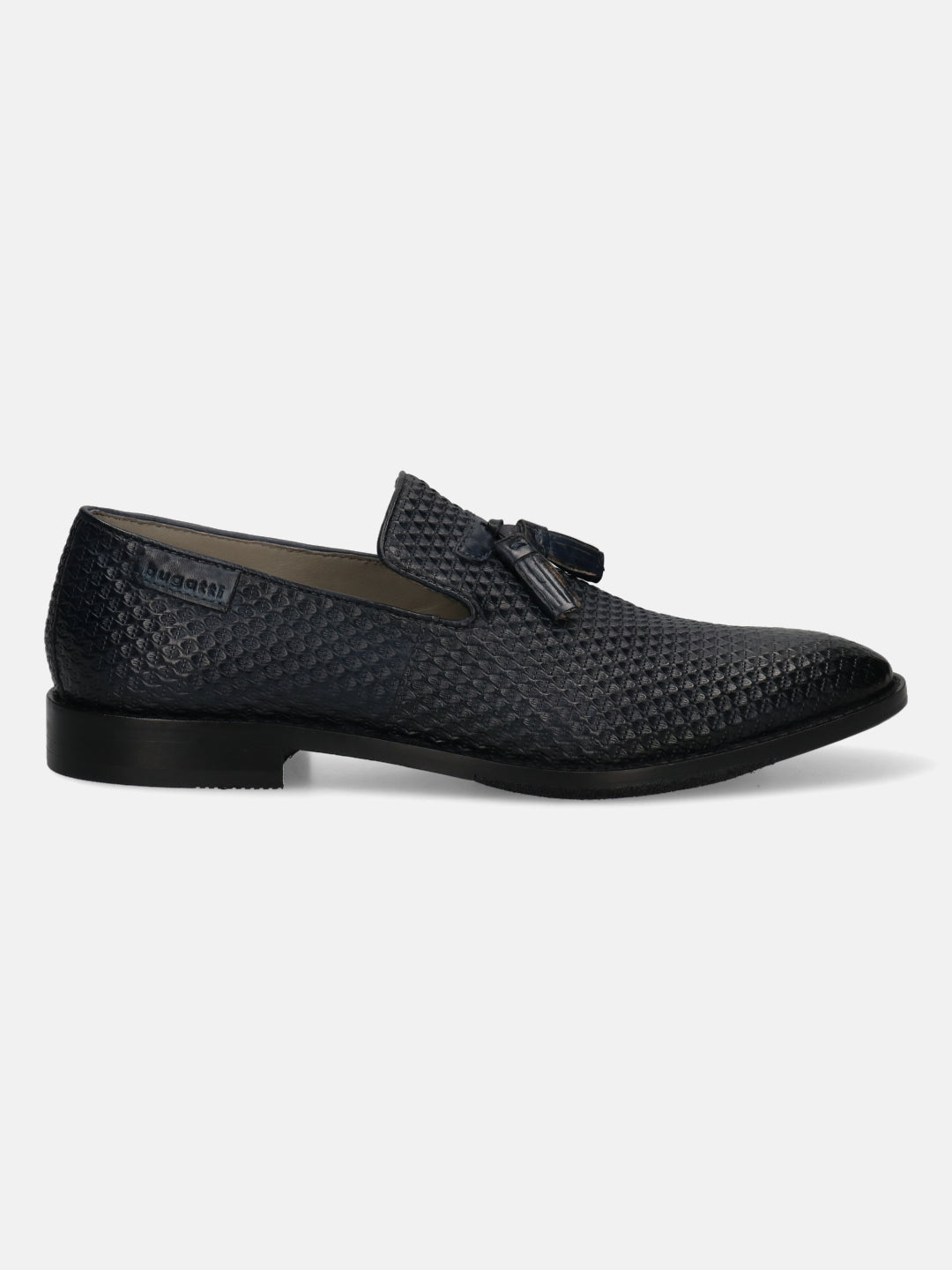 A blue Men's bugatti  Tassel Loafers featuring a pointed toe plain toe, stacked heel. Made from premium genuine leather with a durable leather outsole, this slip-on design offers both style and comfort.