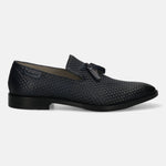 A blue Men's bugatti  Tassel Loafers featuring a pointed toe plain toe, stacked heel. Made from premium genuine leather with a durable leather outsole, this slip-on design offers both style and comfort.