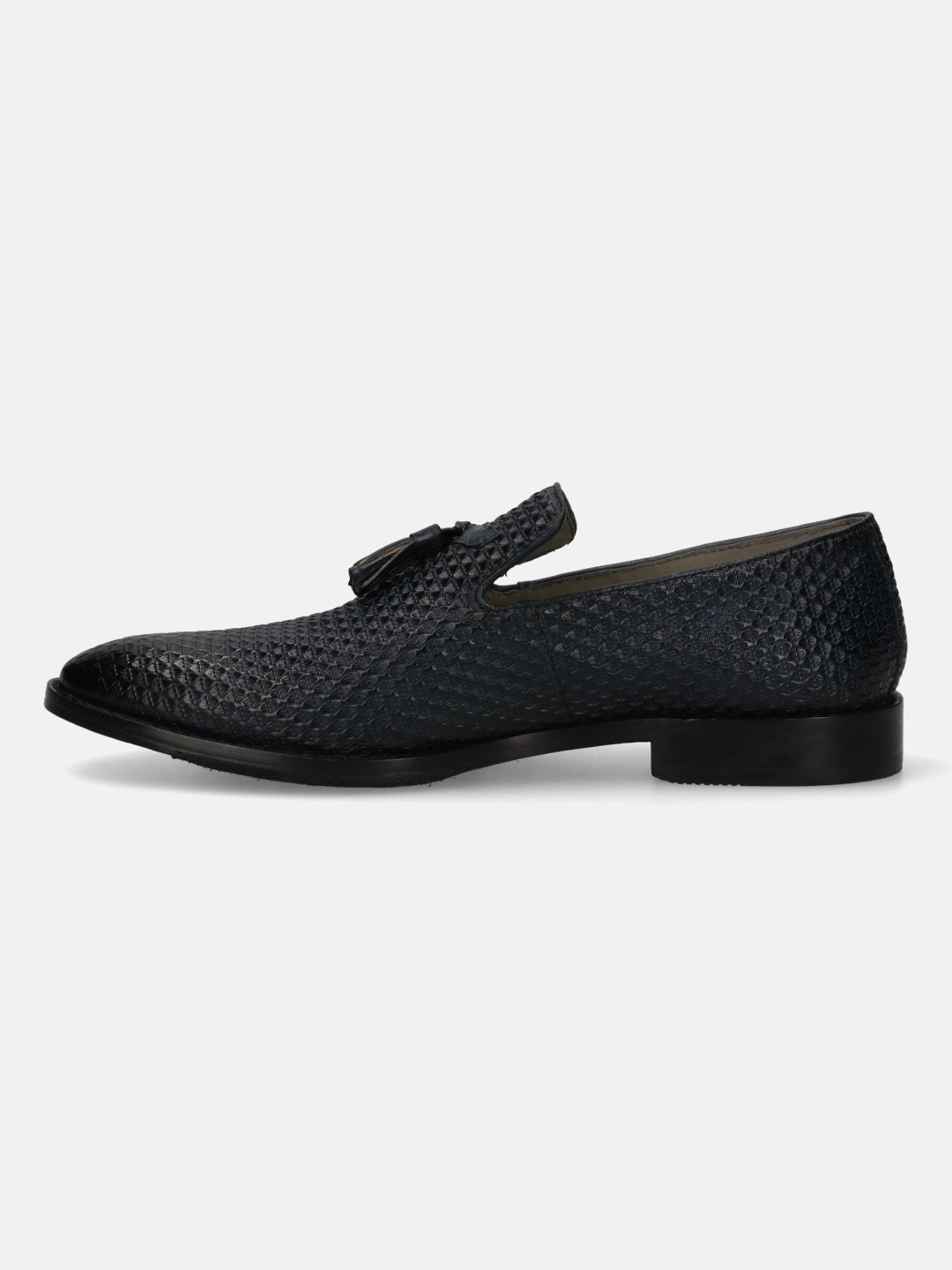 A blue Men's bugatti  Tassel Loafers featuring a pointed toe plain toe, stacked heel. Made from premium genuine leather with a durable leather outsole, this slip-on design offers both style and comfort.