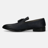 A blue Men's bugatti  Tassel Loafers featuring a pointed toe plain toe, stacked heel. Made from premium genuine leather with a durable leather outsole, this slip-on design offers both style and comfort.
