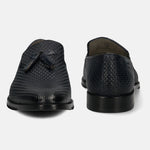 A blue Men's bugatti  Tassel Loafers featuring a pointed toe plain toe, stacked heel. Made from premium genuine leather with a durable leather outsole, this slip-on design offers both style and comfort.