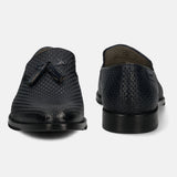A blue Men's bugatti  Tassel Loafers featuring a pointed toe plain toe, stacked heel. Made from premium genuine leather with a durable leather outsole, this slip-on design offers both style and comfort.