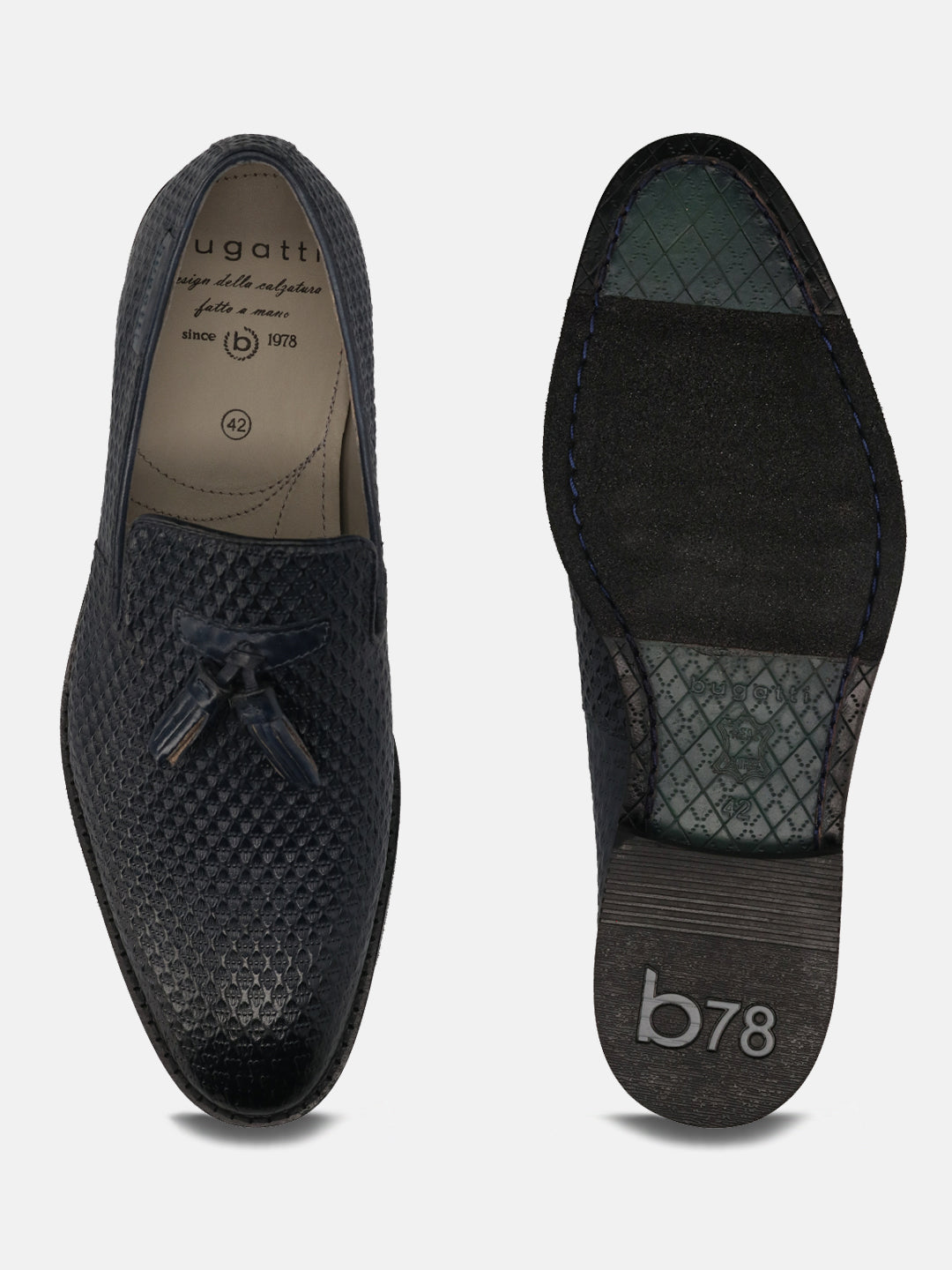 A blue Men's bugatti  Tassel Loafers featuring a pointed toe plain toe, stacked heel. Made from premium genuine leather with a durable leather outsole, this slip-on design offers both style and comfort.