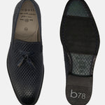 A blue Men's bugatti  Tassel Loafers featuring a pointed toe plain toe, stacked heel. Made from premium genuine leather with a durable leather outsole, this slip-on design offers both style and comfort.