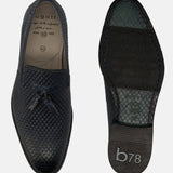 A blue Men's bugatti  Tassel Loafers featuring a pointed toe plain toe, stacked heel. Made from premium genuine leather with a durable leather outsole, this slip-on design offers both style and comfort.