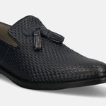 A blue Men's bugatti  Tassel Loafers featuring a pointed toe plain toe, stacked heel. Made from premium genuine leather with a durable leather outsole, this slip-on design offers both style and comfort.