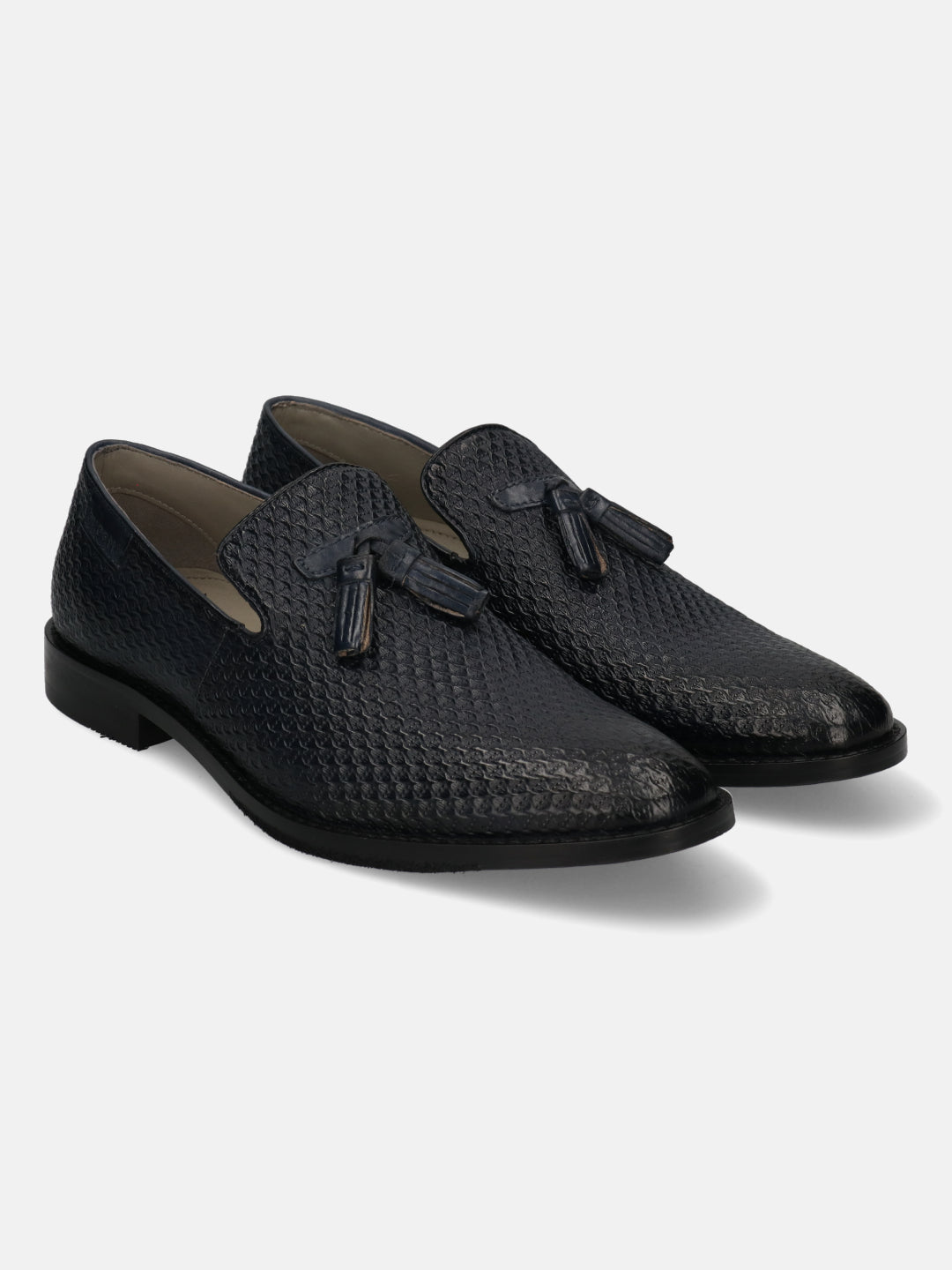 A blue Men's bugatti  Tassel Loafers featuring a pointed toe plain toe, stacked heel. Made from premium genuine leather with a durable leather outsole, this slip-on design offers both style and comfort.