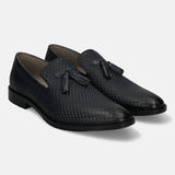 A blue Men's bugatti  Tassel Loafers featuring a pointed toe plain toe, stacked heel. Made from premium genuine leather with a durable leather outsole, this slip-on design offers both style and comfort.