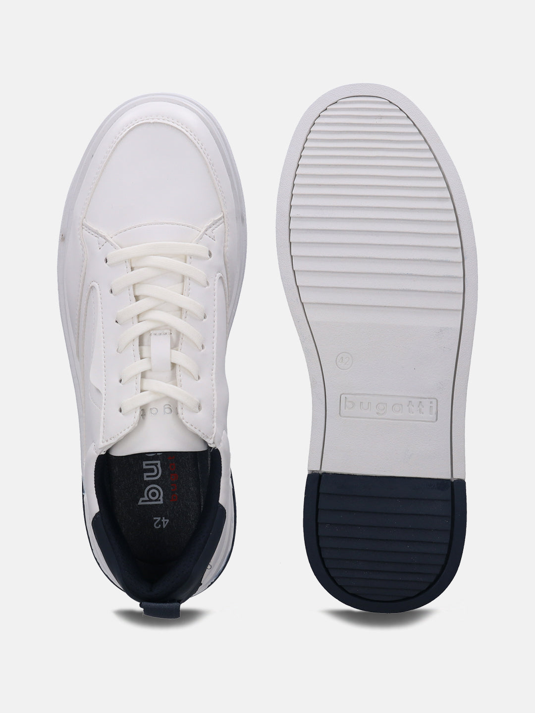 A white Men's bugatti Sneakers featuring a round plain toe, zero heels heel. Made from synthetic with a durable tpr outsole, this laces design offers both style and comfort.