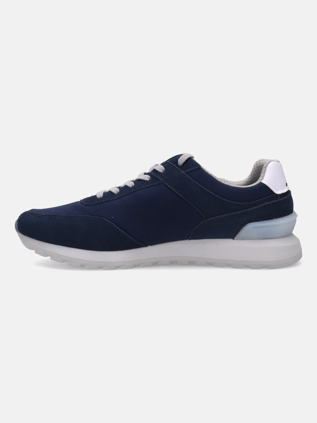 Dark blue comfort sneaker by bugatti, with suede and textile construction, and a white midsole.