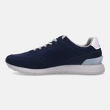Dark blue comfort sneaker by bugatti, with suede and textile construction, and a white midsole.