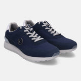 Dark blue comfort sneakers by Bugatti, with gray laces and a silver logo on the side.