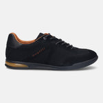 A black Men's bugatti Sneakers featuring a round plain toe, zero heels heel. Made from premium genuine leather with a durable tpr outsole, this laces design offers both style and comfort.