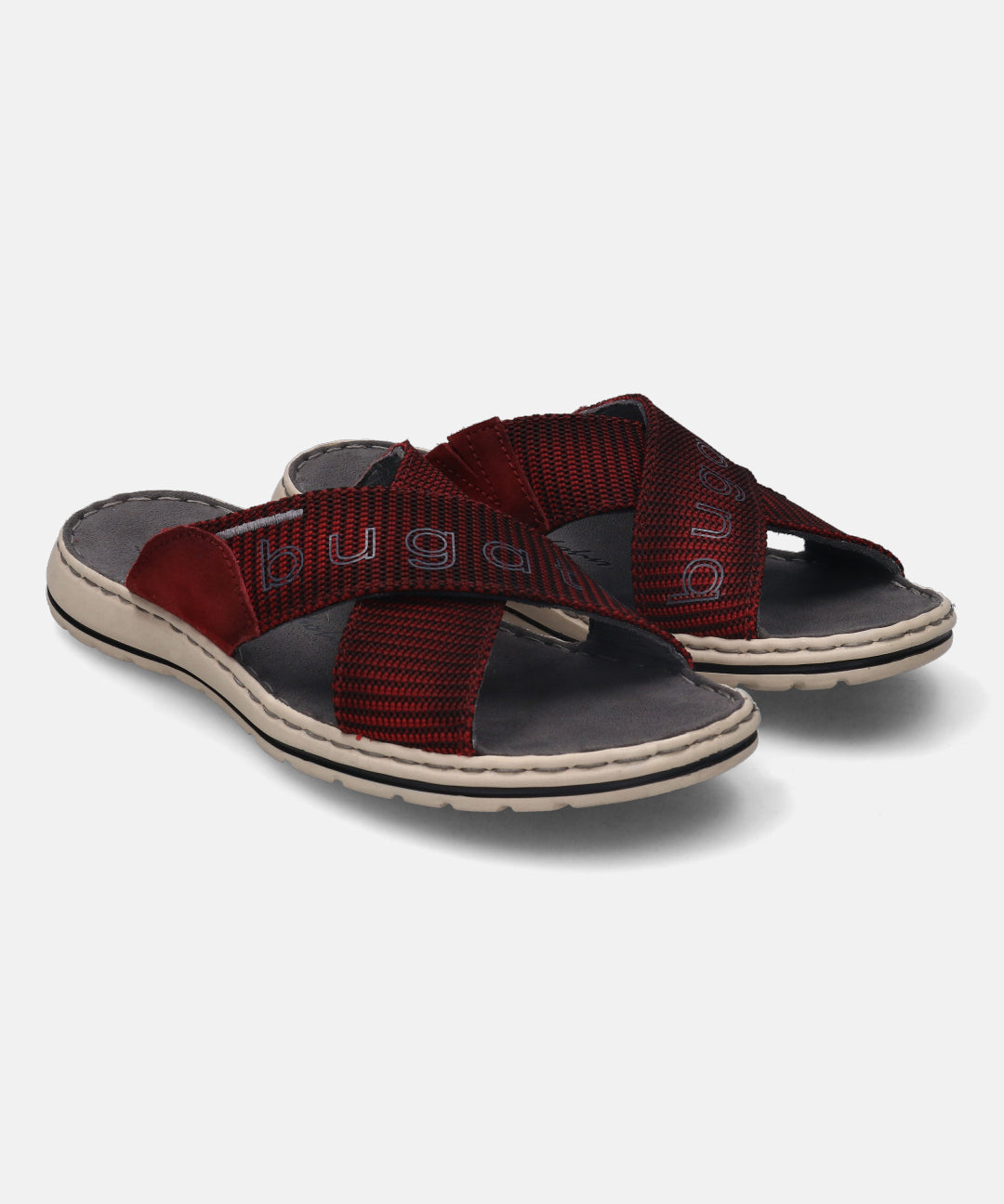 A grey Men's bugatti Cross Strap Sandals featuring a round plain toe, zero heels heel, and a wide fit. Made from textile with a durable synthetic outsole, this slide design offers both style and comfort.