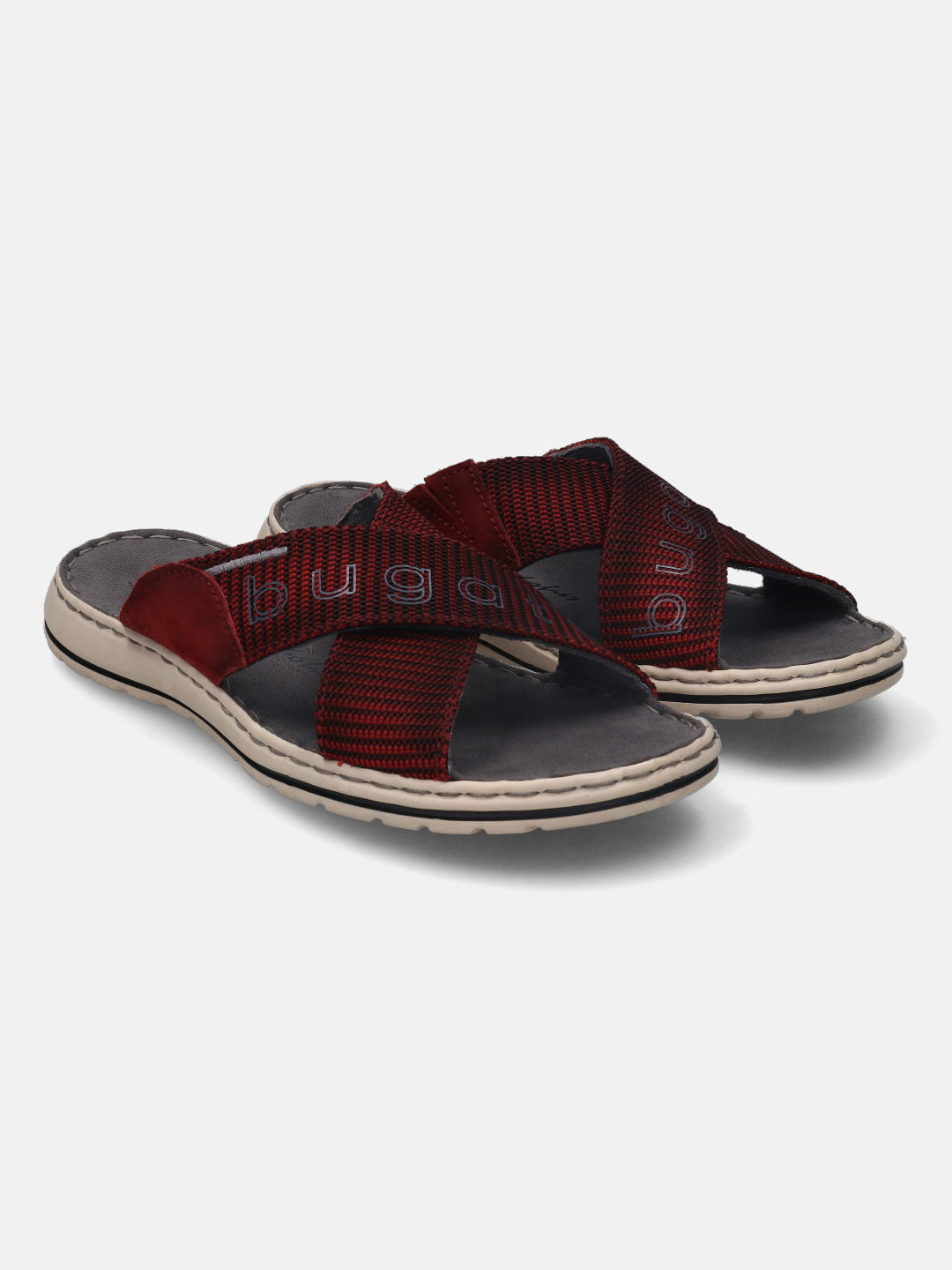 A grey Men's bugatti Cross Strap Sandals featuring a round plain toe, zero heels heel, and a wide fit. Made from textile with a durable synthetic outsole, this slide design offers both style and comfort.