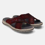 A grey Men's bugatti Cross Strap Sandals featuring a round plain toe, zero heels heel, and a wide fit. Made from textile with a durable synthetic outsole, this slide design offers both style and comfort.