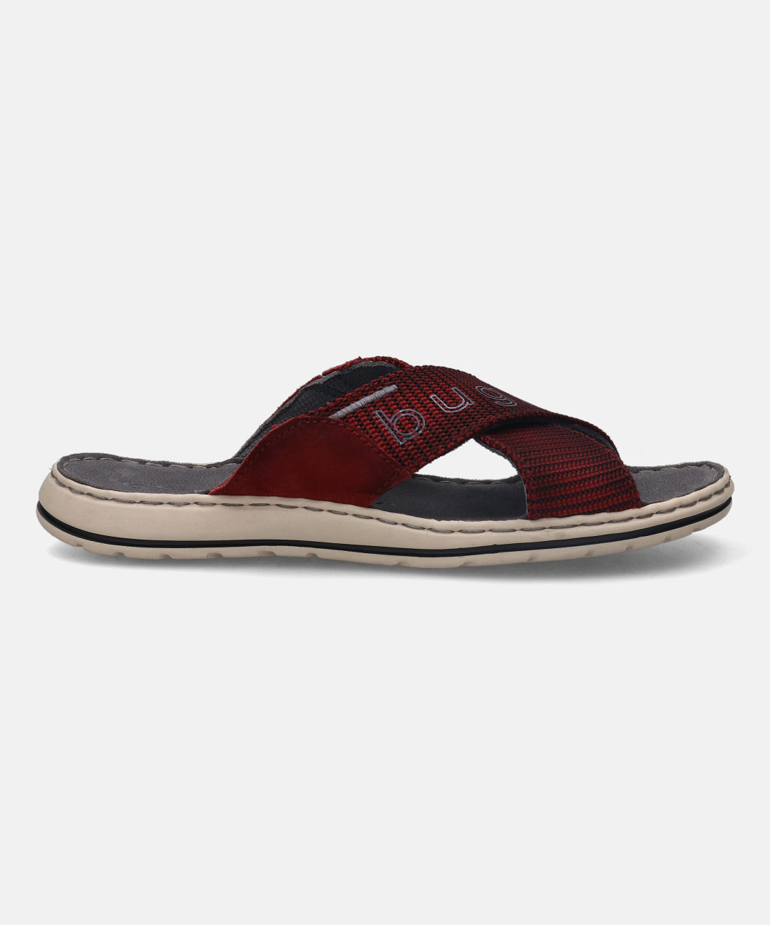 A grey Men's bugatti Cross Strap Sandals featuring a round plain toe, zero heels heel, and a wide fit. Made from textile with a durable synthetic outsole, this slide design offers both style and comfort.