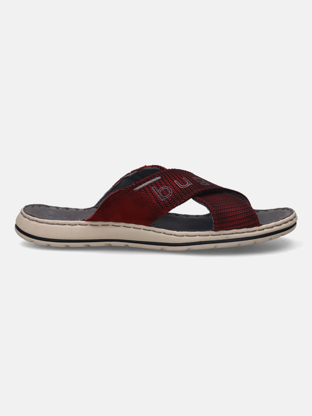 A grey Men's bugatti Cross Strap Sandals featuring a round plain toe, zero heels heel, and a wide fit. Made from textile with a durable synthetic outsole, this slide design offers both style and comfort.