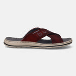 A grey Men's bugatti Cross Strap Sandals featuring a round plain toe, zero heels heel, and a wide fit. Made from textile with a durable synthetic outsole, this slide design offers both style and comfort.