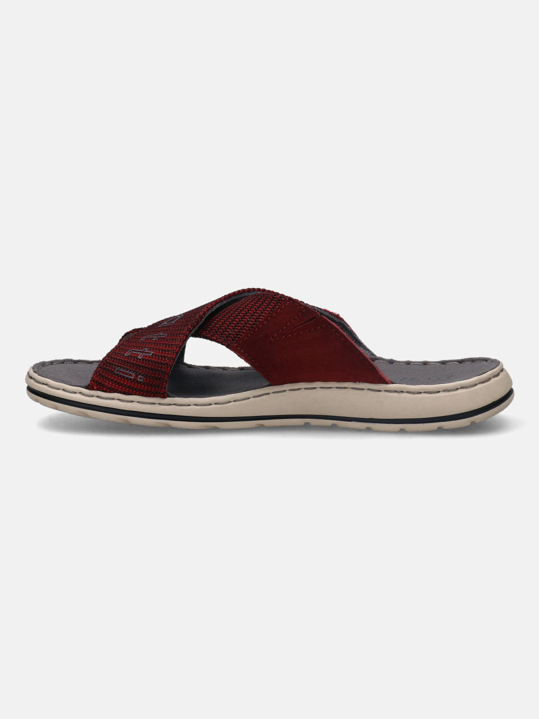 A grey Men's bugatti Cross Strap Sandals featuring a round plain toe, zero heels heel, and a wide fit. Made from textile with a durable synthetic outsole, this slide design offers both style and comfort.