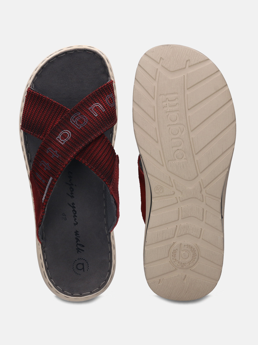 A grey Men's bugatti Cross Strap Sandals featuring a round plain toe, zero heels heel, and a wide fit. Made from textile with a durable synthetic outsole, this slide design offers both style and comfort.