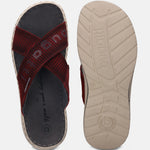 A grey Men's bugatti Cross Strap Sandals featuring a round plain toe, zero heels heel, and a wide fit. Made from textile with a durable synthetic outsole, this slide design offers both style and comfort.