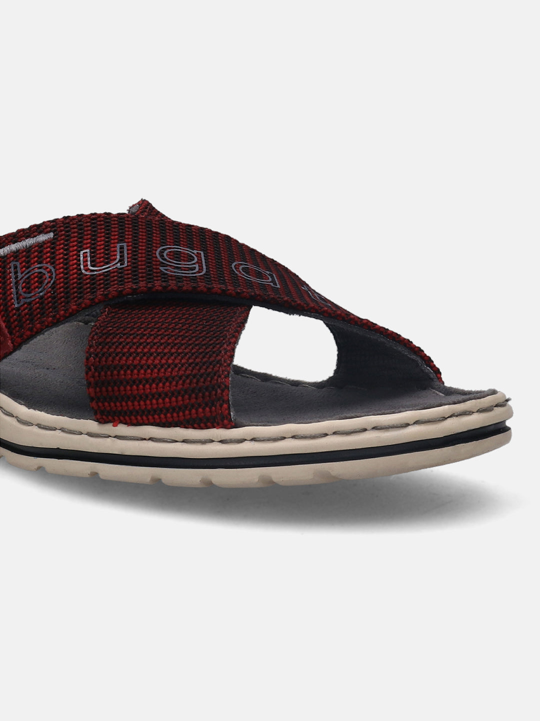 A grey Men's bugatti Cross Strap Sandals featuring a round plain toe, zero heels heel, and a wide fit. Made from textile with a durable synthetic outsole, this slide design offers both style and comfort.