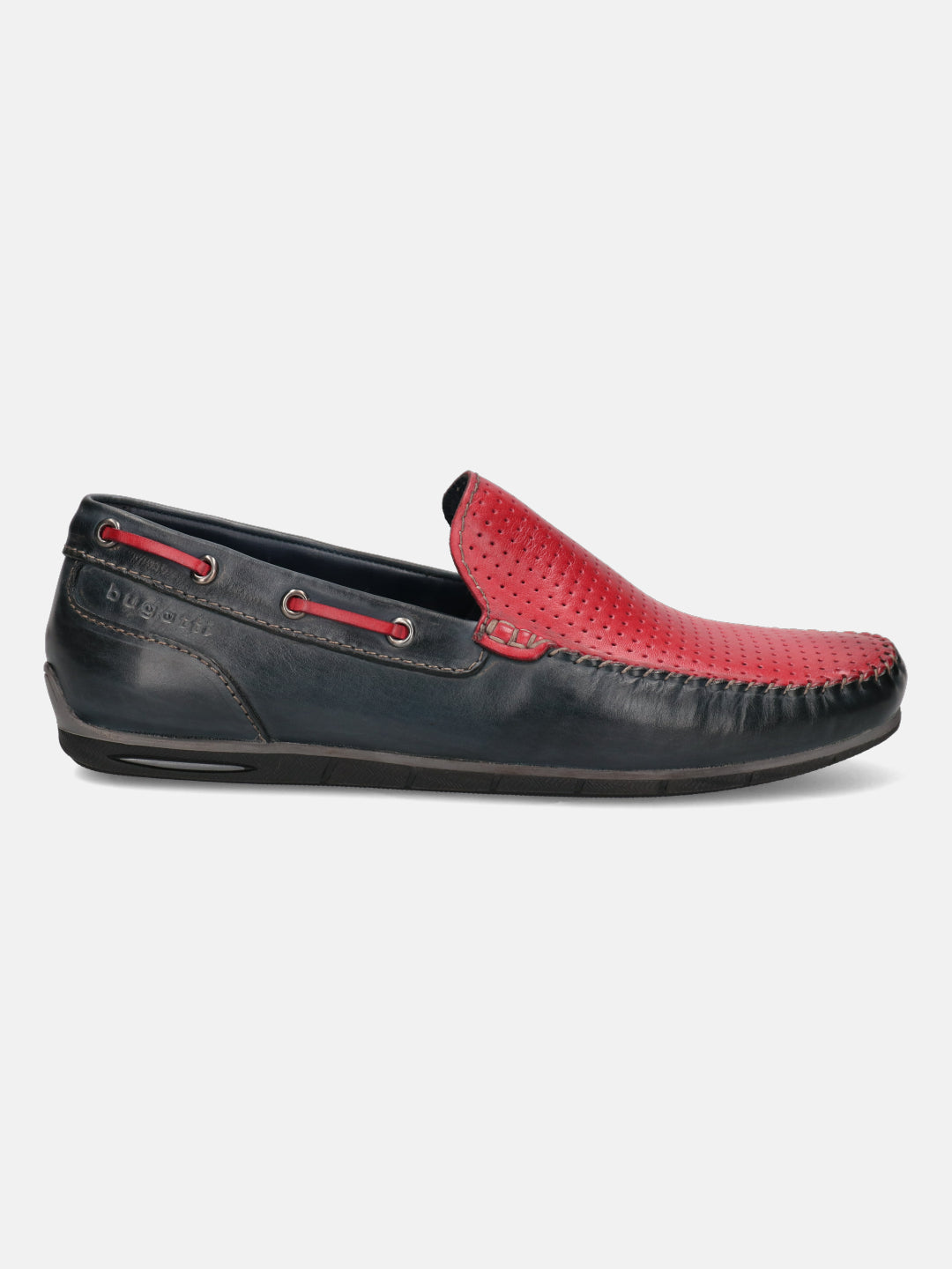 Dark blue leather loafer by bugatti, featuring a red perforated vamp, a dark sole, and red cord accents.