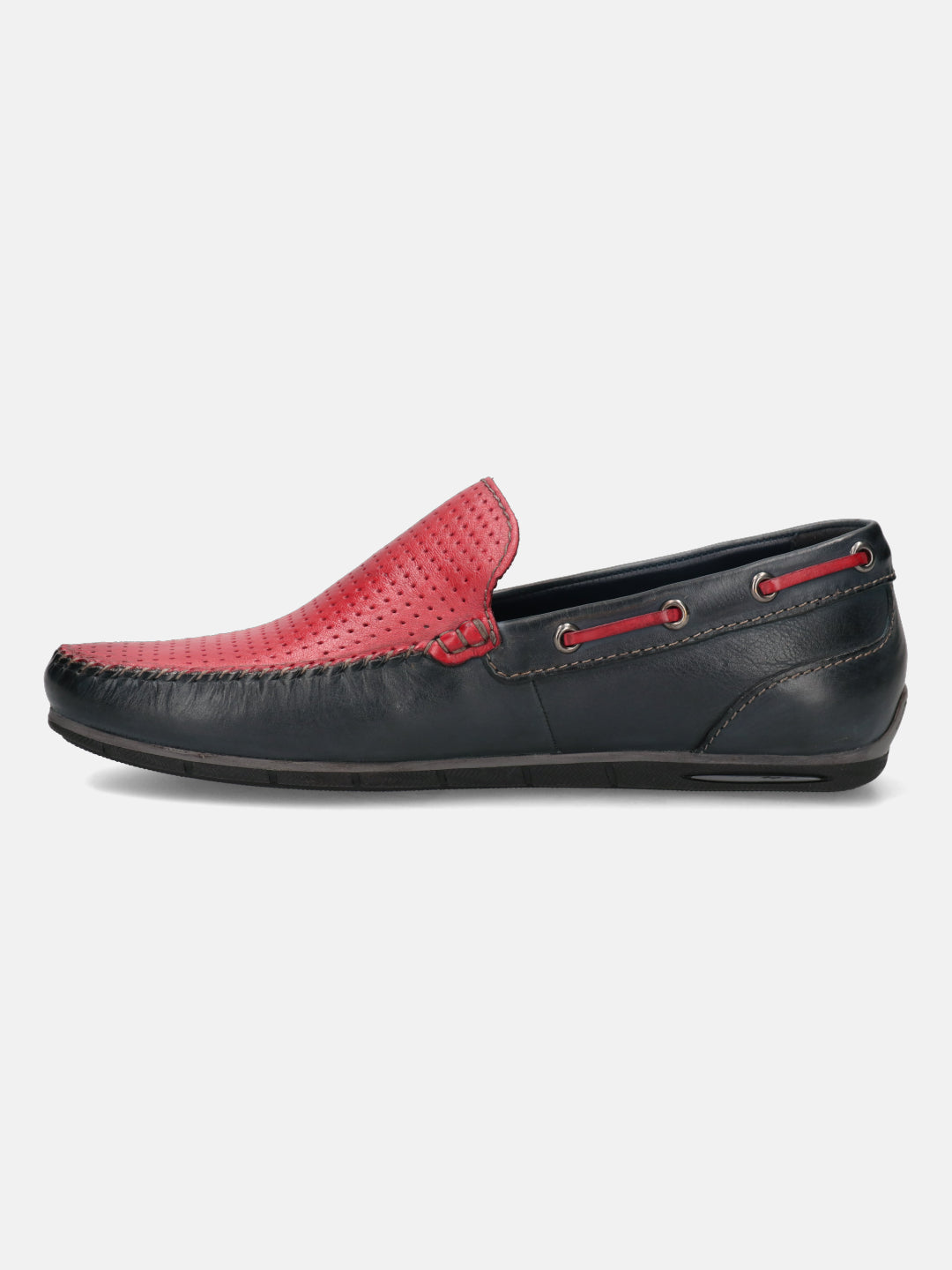 Dark blue leather slip-on shoe by bugatti, featuring red perforated detailing and accent laces.