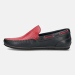 Dark blue leather slip-on shoe by bugatti, featuring red perforated detailing and accent laces.