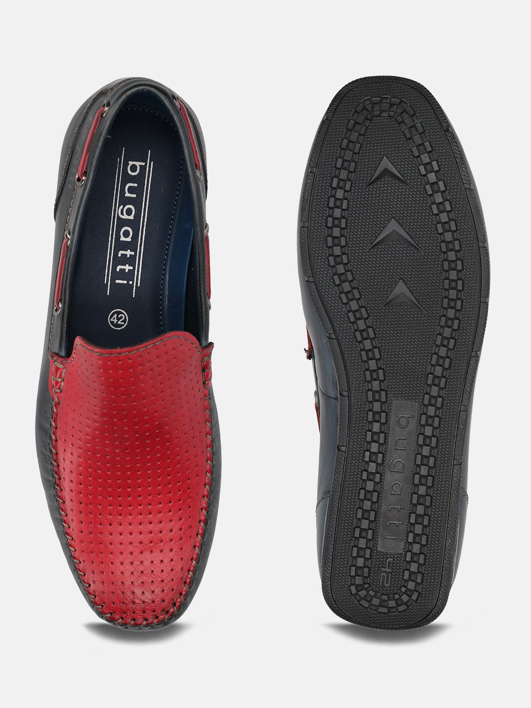 Dark blue and red leather slip-on shoes by bugatti with perforated toe, shown from top and bottom.