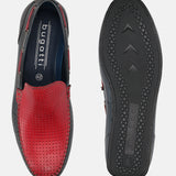 Dark blue and red leather slip-on shoes by bugatti with perforated toe, shown from top and bottom.