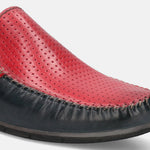 Red and dark blue leather slip-on shoe by bugatti with decorative stitching detail.