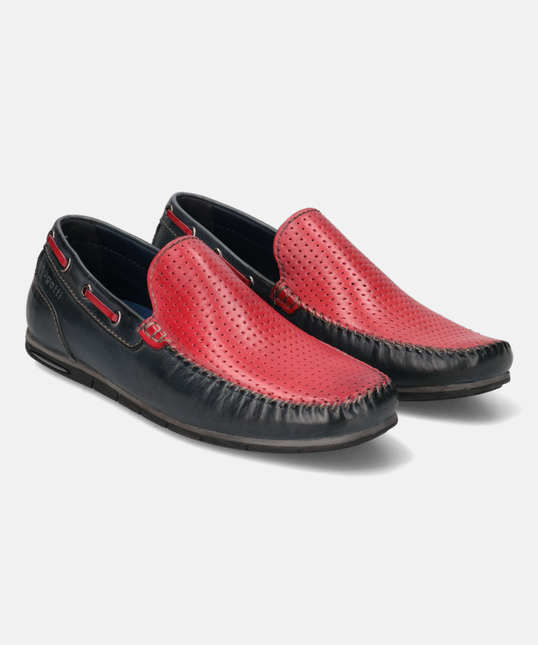Dark blue and red leather slip-on shoes by Bugatti, with decorative perforations on the top.