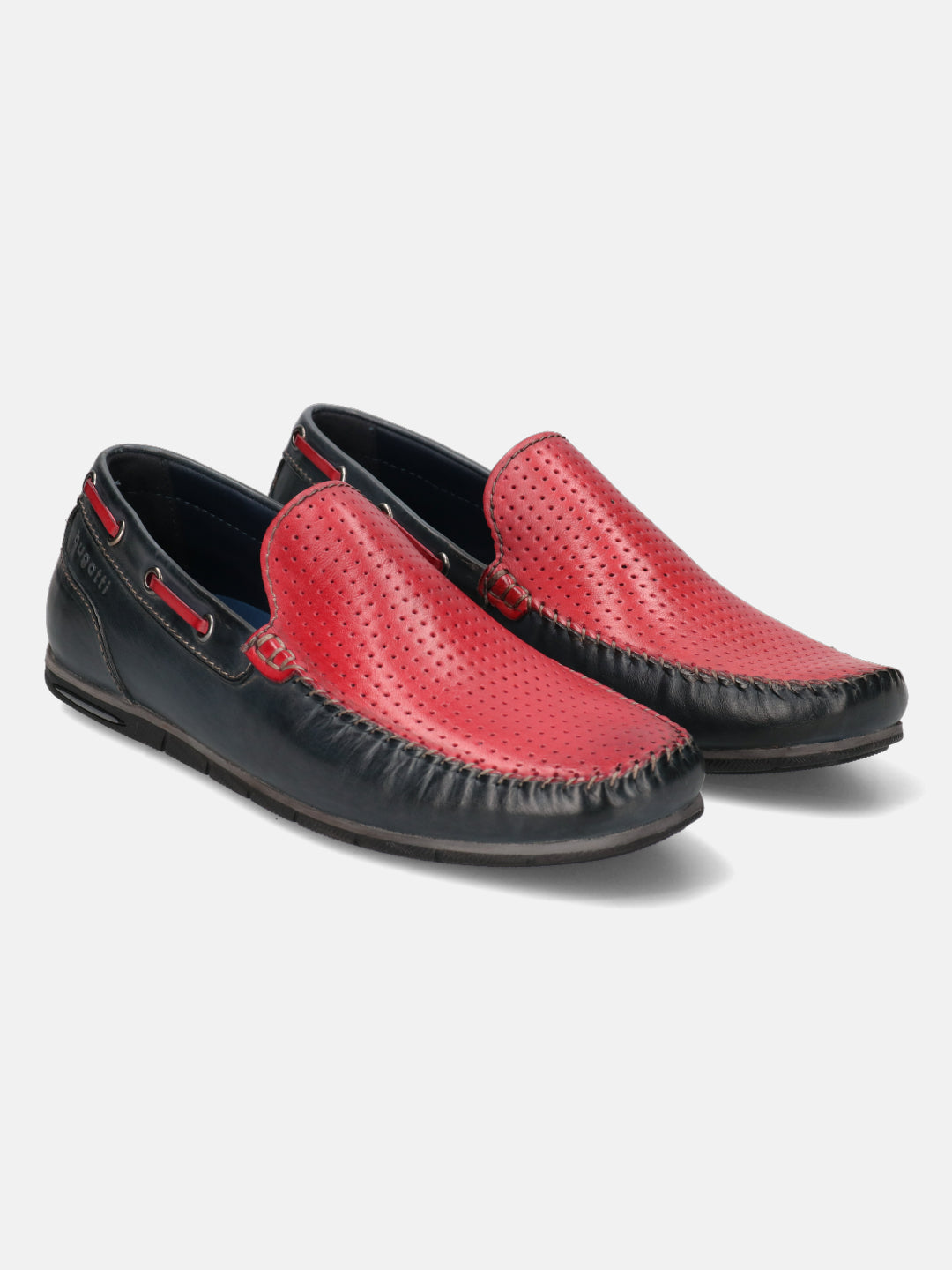 Dark blue and red leather slip-on shoes by Bugatti, with decorative perforations on the top.