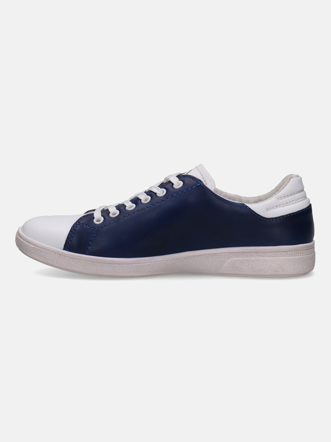 Leather navy sneaker by bugatti featuring white accents on the toe and heel.