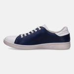 Leather navy sneaker by bugatti featuring white accents on the toe and heel.