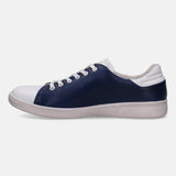 Leather navy sneaker by bugatti featuring white accents on the toe and heel.