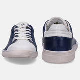 White and navy sneakers by bugatti with white laces and soles, viewed from the front and back.