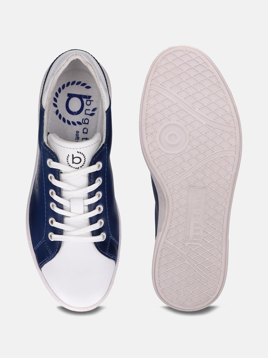 White and blue leather sneakers by bugatti, featuring white laces and a textured outsole.
