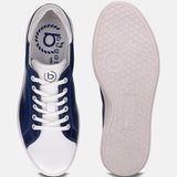 White and blue leather sneakers by bugatti, featuring white laces and a textured outsole.