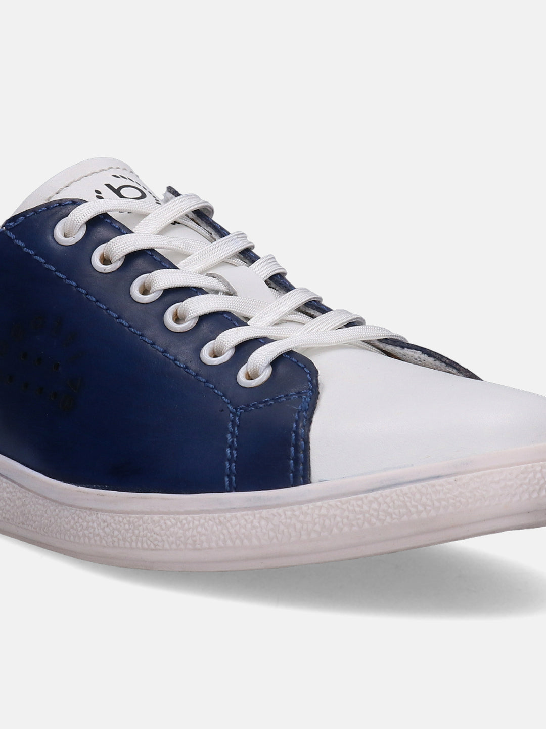 Two-tone sneakers by bugatti with navy and white panels, and white laces.