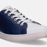 Two-tone sneakers by bugatti with navy and white panels, and white laces.