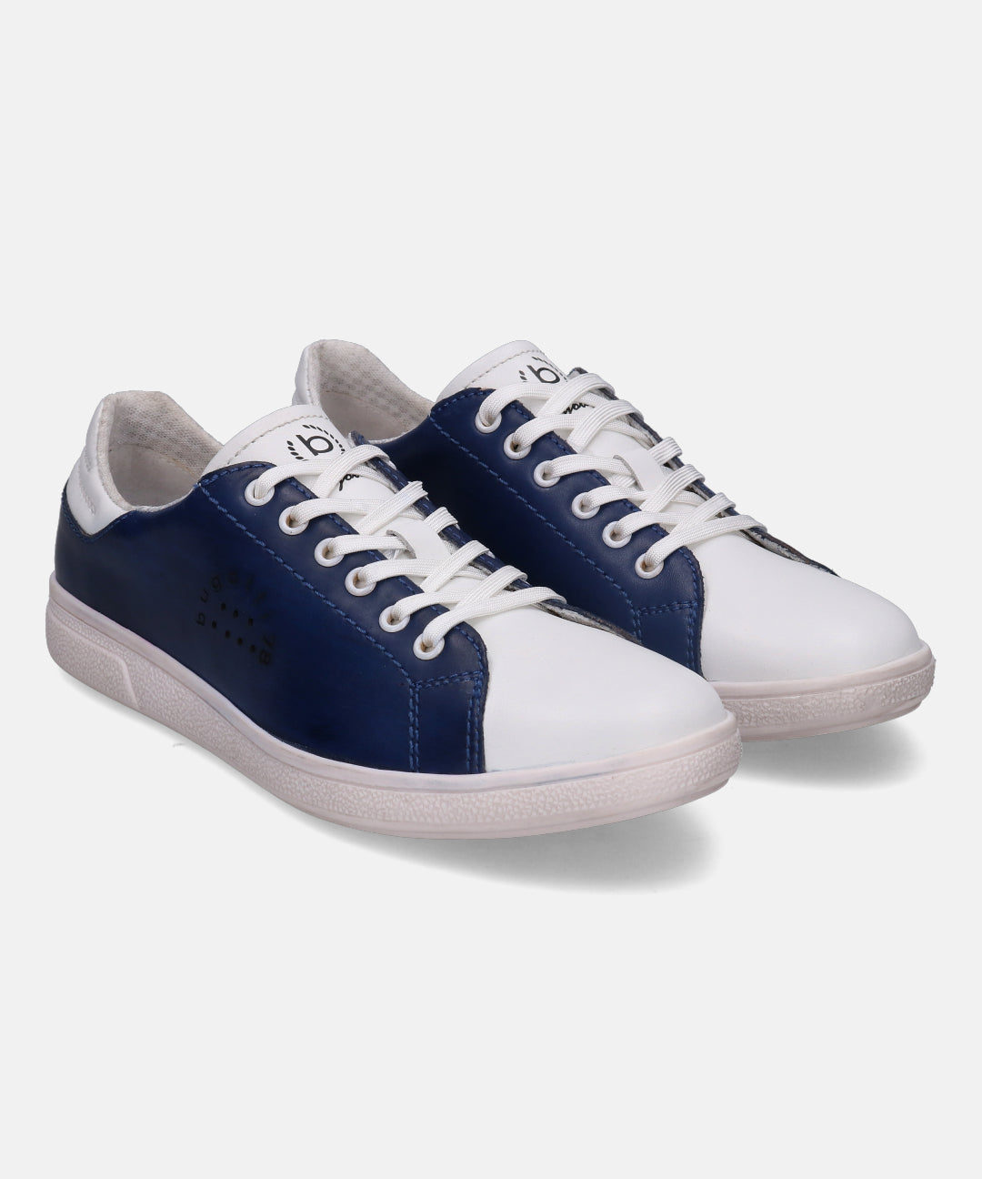 Leather sneakers by bugatti with white and blue color-blocking and white laces.
