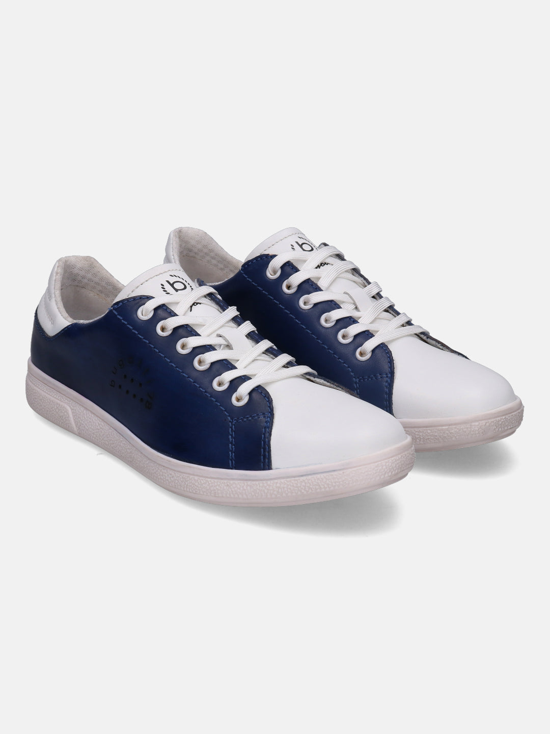 Leather sneakers by bugatti with white and blue color-blocking and white laces.