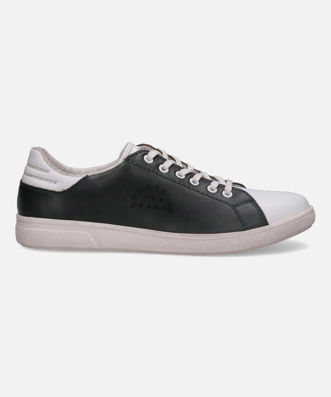 White and dark green leather sneaker by bugatti, with white laces and a white textured outsole.