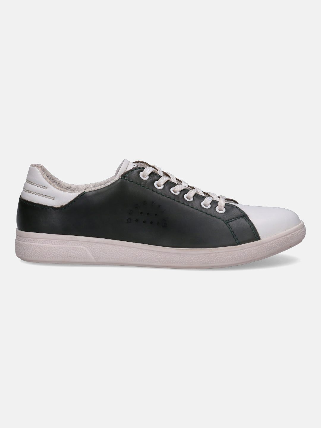 White and dark green leather sneaker by bugatti, with white laces and a white textured outsole.
