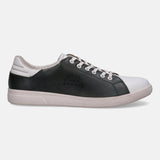 White and dark green leather sneaker by bugatti, with white laces and a white textured outsole.