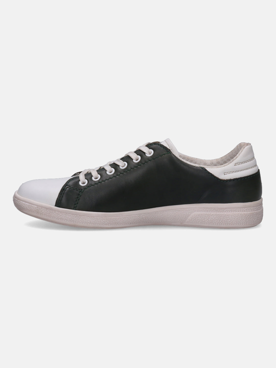 Leather comfort sneakers by bugatti, with white toe cap and laces, contrasted by dark green leather side panels.