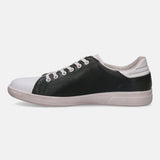 Leather comfort sneakers by bugatti, with white toe cap and laces, contrasted by dark green leather side panels.